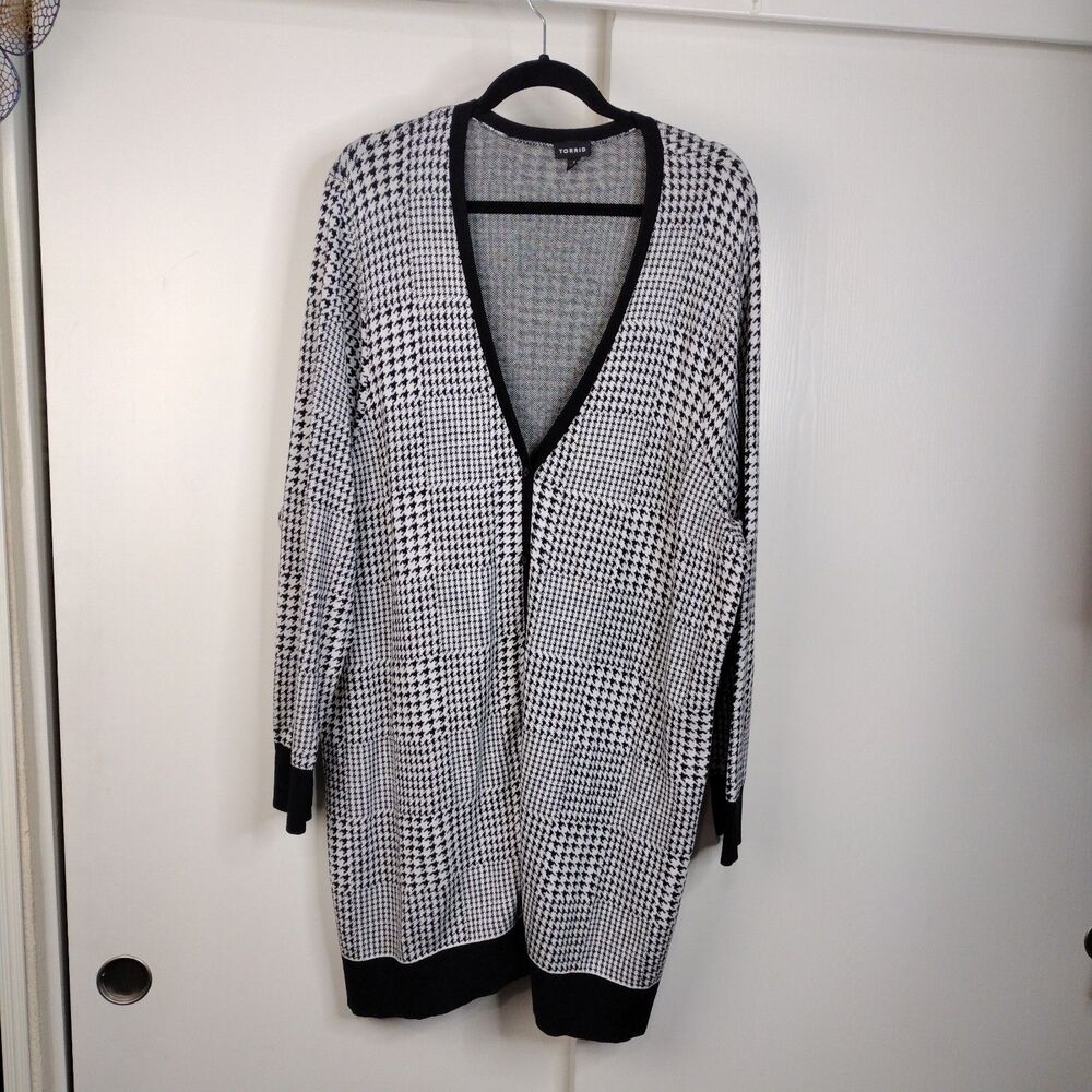 Torrid Plaid Houndstooth Slub Long Cardigan Sweater Black White Plus Size 4X